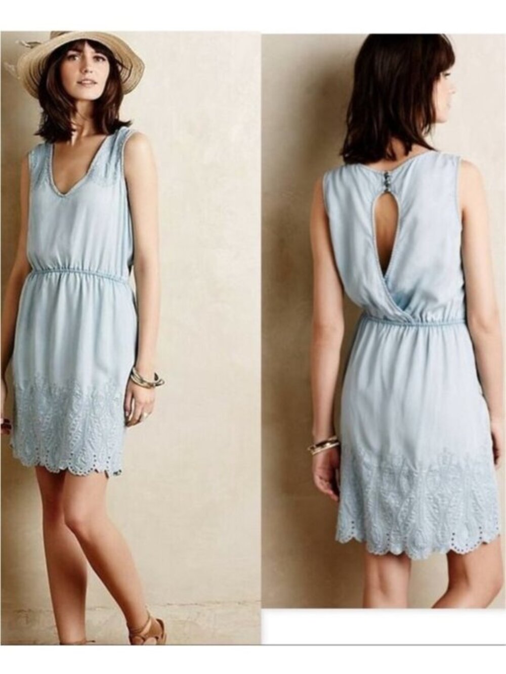 Anthropologie Holding Horses Light Blue Sleeveless Eyelet-Hem Mini Dress size S